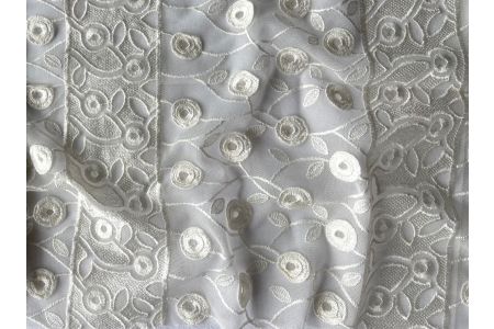 Pale Ivory Embroidered Vining Fowers Lace Tulle Fabric 